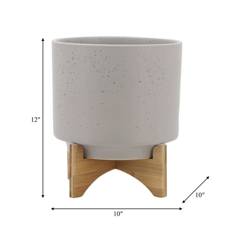 Sagebrook Home Ceramic Planters with Bamboo Stand Indoor/Outdoor