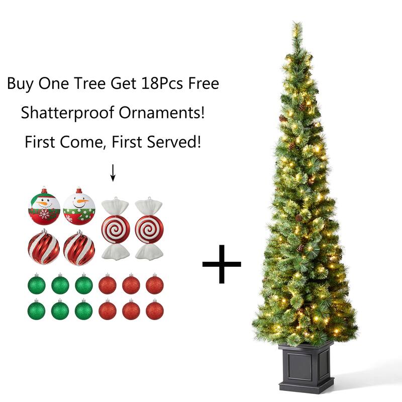 Glitzhome 7 FT Pre-Lit Artificial Potted Christmas Tree with 200 LED Lights for Entrance-Come with Free Shatterproof Ornaments