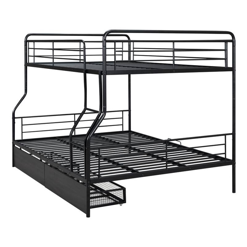Full XL Over Queen Metal Bunk Bed with Drawers and Guardrail, Convertible to Two Beds