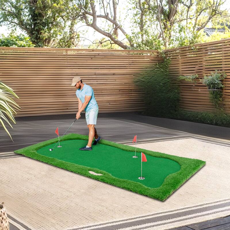 Green Golf Putting, Golf Training Mat with High-quality Turf, 3 Holes, 3 Flags and Cups for Indoor & Outdoor