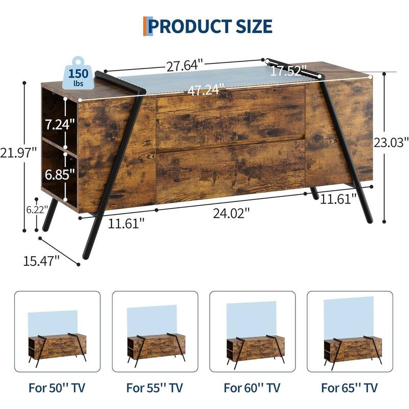 TV Stand, with 2 Drawers and U-Shaped Metal Base