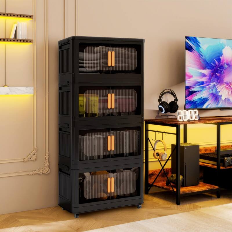 Heavy Duty Foldable Storage Cabinet with Wheels - Stackable Organizer for Garage and Home - Black