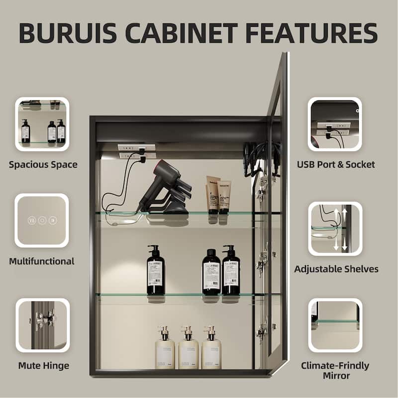 16 in. W x 24 in. H Rectangular Aluminum LED Dimmable Medicine Cabinet with Mirror, Right hinge - 16*24 Right hinge