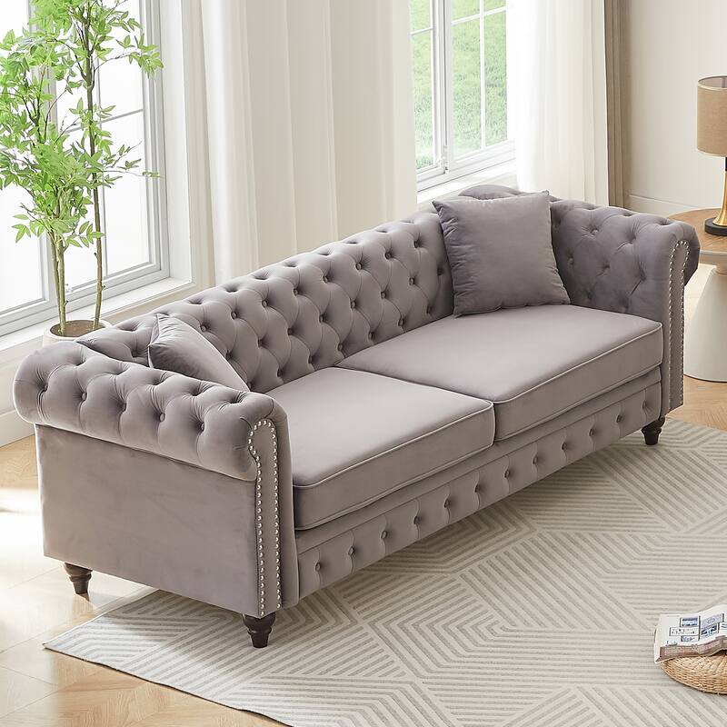 Velvet Chesterfield 3 Seater Sofa, Oversized Button Tufted Upholstered Sofa, Deep Seat Sofa with Rolled Arms & Nailhead Trim