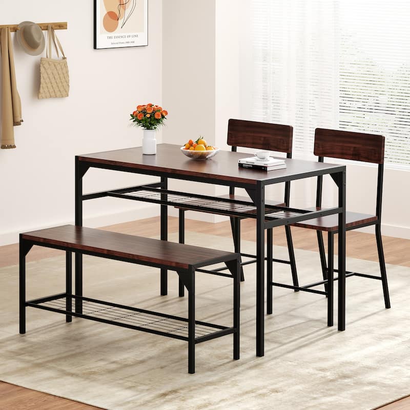 4-Piece Dining Set with Bench & Chairs - Space-Saving Table Set for Kitchen, Breakfast Nook - Walnut