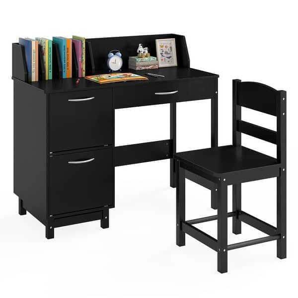 slide 2 of 10, Gymax Kids Study Desk & Chair Set w/Chair 2 Storage Cabinets Drawer 4 Black