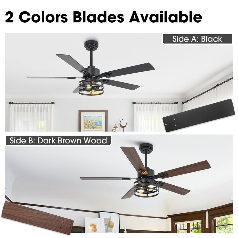 Vaczon 52" Industrial Reversible Wood 5-Blade Black Ceiling Fan with Light and APP Control