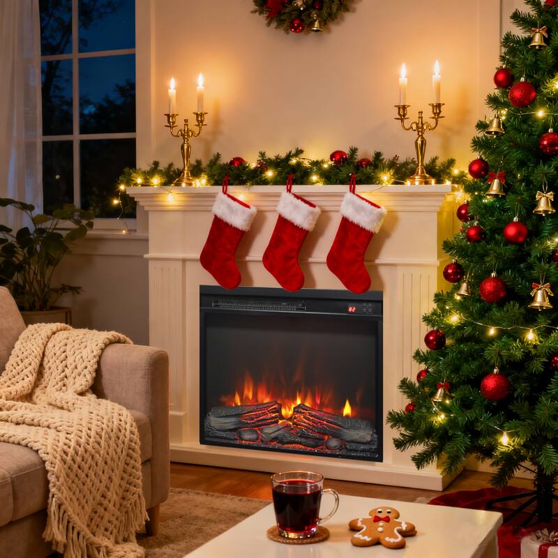 23 inch electric fireplace insert, ultra thin heater with log set & realistic flame, remote control with timer