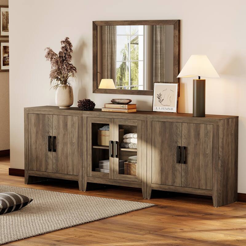 WAMPAT Farmhouse TV Stand for TVs up to 85 Inch, 3-Piece Modular Entertainment Center with Glass and Wood Doors - n/a