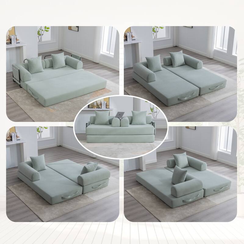 Foldable Modular Couch Sleeper Loveseat Sofa Bed with Storage Side Pocket, Detachable Metal Frame and Corduroy Fabric Cover - Mint Blue