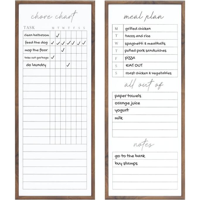Sheffield Home Set of Two Family Planner Dry Erase Boards Featuring, Shopping List, Weekly Meal Planner and Notes, 9x21 Inch - Brown