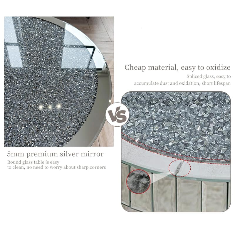 Mirrored Glass Coffee Table with Crystal Diamonds Surface Mirror Beveled Side Table