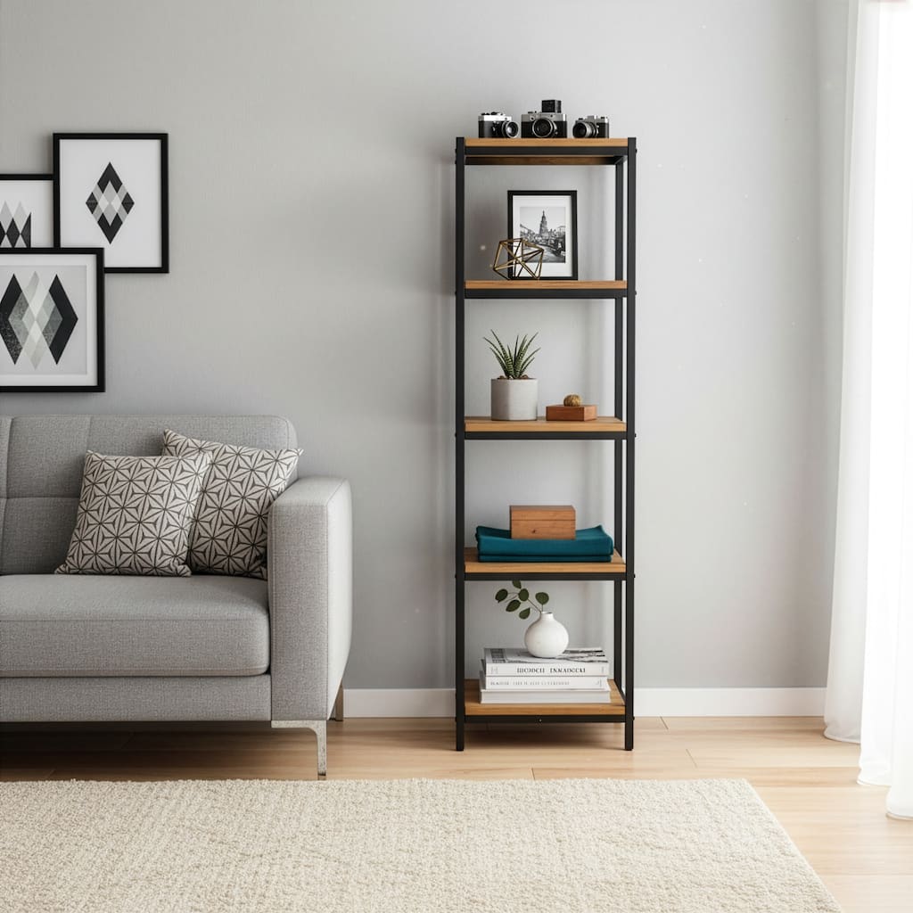 Ailis 57" Brown Pine Wood Shelf Etagere Bookcase Media Center with Metal Frame