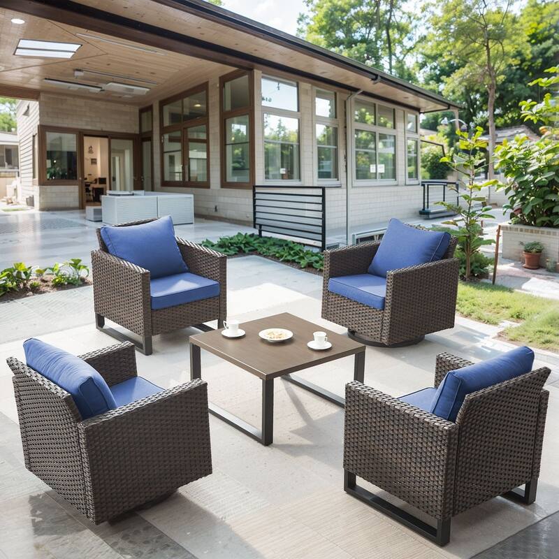 Gymojoy 5-Piece Outdoor Wicker Furniture Set - 2 Swivel Glider Chairs, 2 Patio Chairs & Coffee Table - Blue - 5-Piece