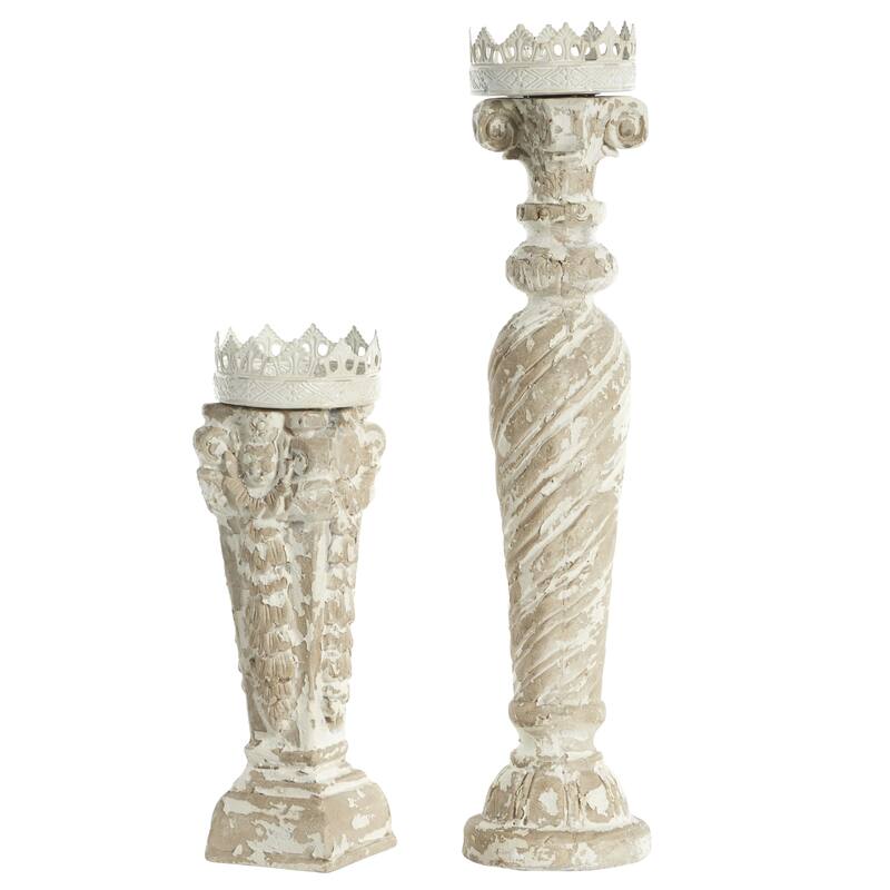 Glass Scroll Candle Holder with White Crown - Set of 2 Beige - Roche River Decor - Beige