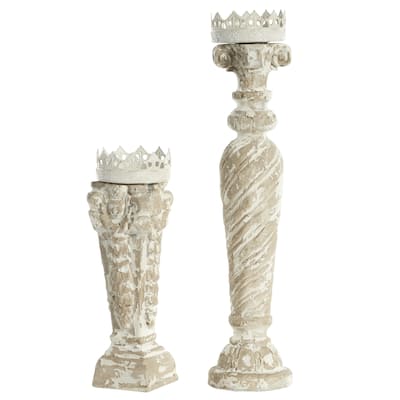Glass Scroll Candle Holder with White Crown - Set of 2 Beige - Roche River Decor