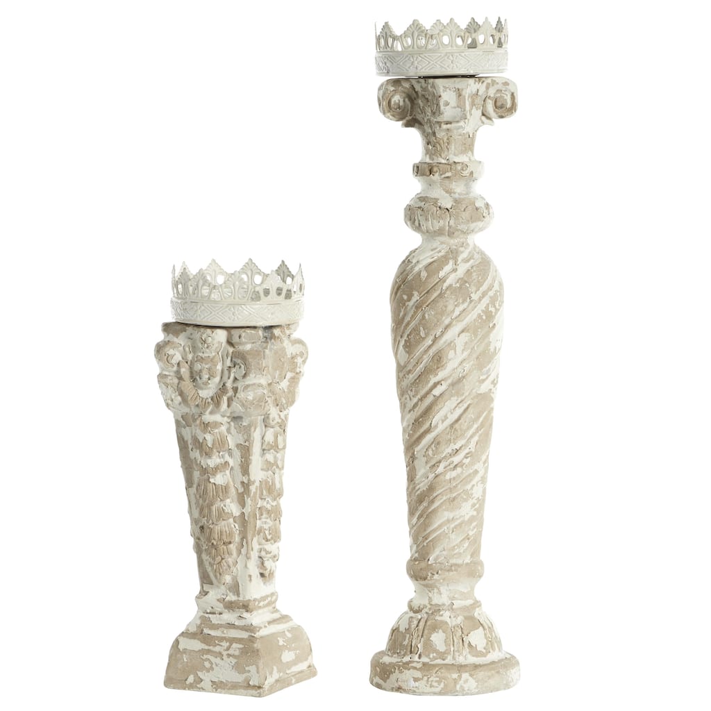 Glass Scroll Candle Holder with White Crown - Set of 2 Beige - Roche River Decor