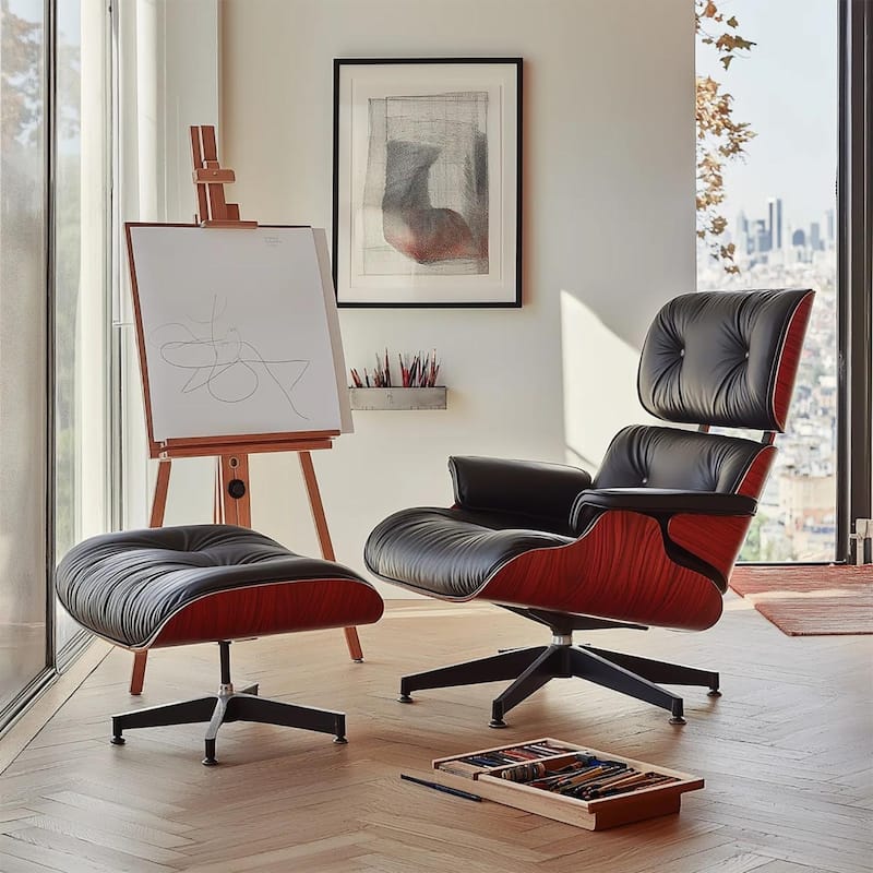 Mid-century Full Grain Leather Accent Chaise Lounge Chair and Ottoman - RedRosewood&Black