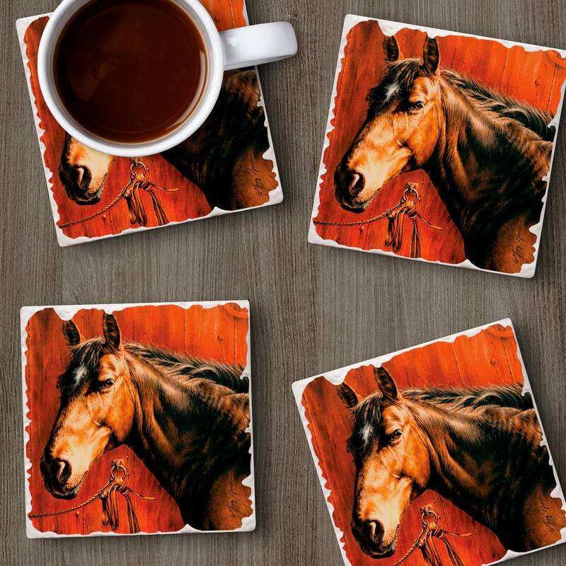 Horse Portrait 4 Pack Stone Coasters with Protective Cork Backing 4" Square Made in The USA Absorbent Easily Wipes Clean