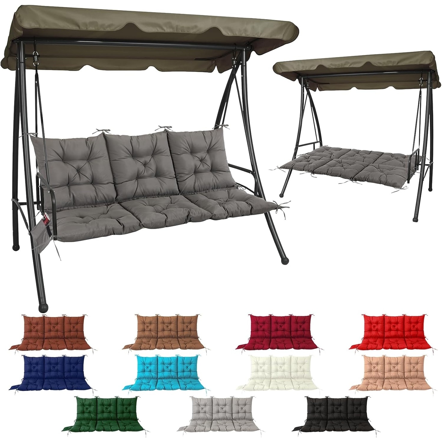 3-Seat Outdoor Swing Cushion with Ties, Waterproof, 60x40 Inches, Dark Gray