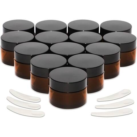 14 Pack 1 oz Amber Glass Jars with Lids and 6 Spatulas for Storing Makeup Liquid