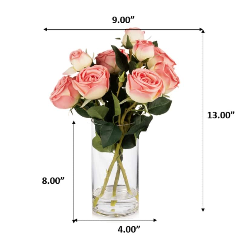 Enova Home Artificial Silk Rose Flowers in Clear Glass Vase with Faux Water for Home Office Wedding Decoration - N/A