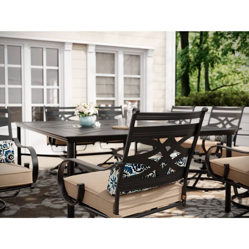 Hanover Montclair 11-Piece Dining Set in Tan with 10 Swivel Rockers and a 60-In. x 84-In. Table