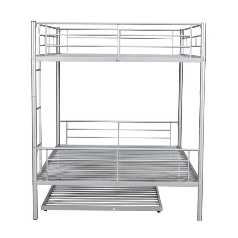 Full Over Full Metal Bunk Bed with Trundle, Silver Finish, Sturdy Iron Frame