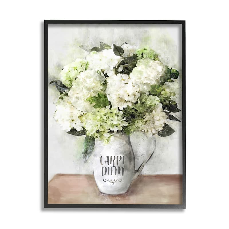 Stupell Carpe Diem Motivation with White Hydrangea Bouquet Framed Wall Art - Multi-Color