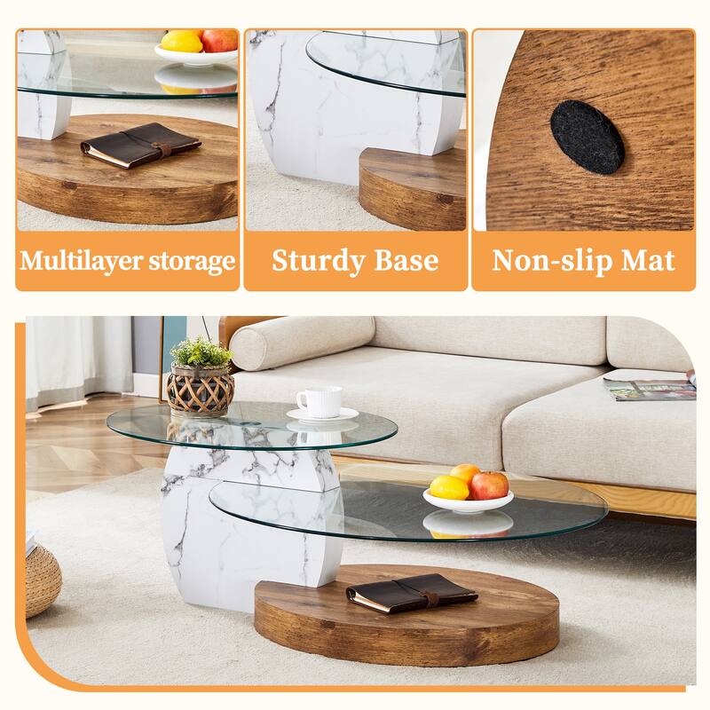 Roomfitters Double Layer Coffee Table with White Marble and Wood Grain Finish, Artistic Modern Design