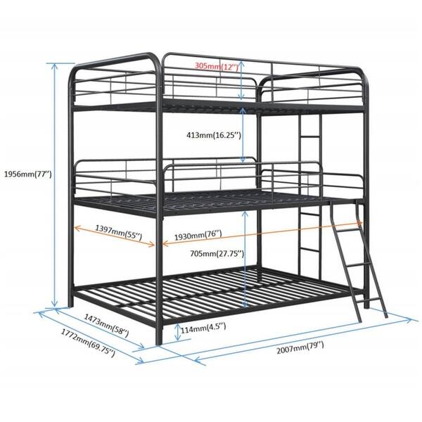 Full Over Full Over Full Metal Bunk Bed with 2 Attached Ladders, Black