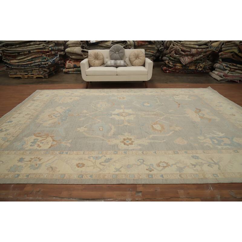 Hand Knotted Oriental 100% Wool Carpet Transitional All-Over Greys & Charcoal Oushak Area Rug - 13' 6'' X 9' 11''