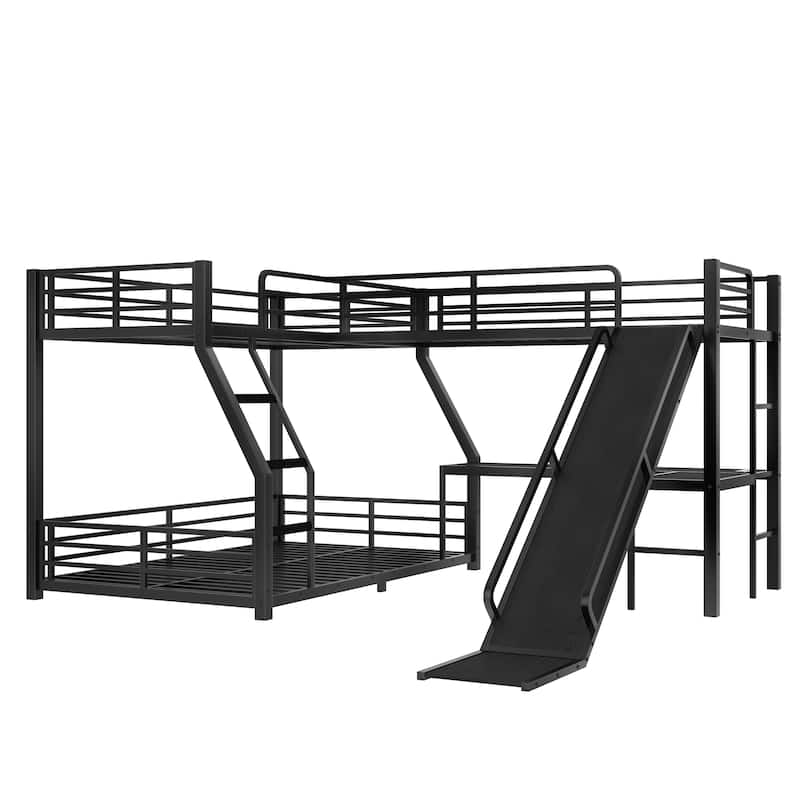 L-Shaped Twin over Full Bunk Bed with Twin Size Loft Bed, Metal Triple Bunk Bed with Slide and USB Ports, Space-saving