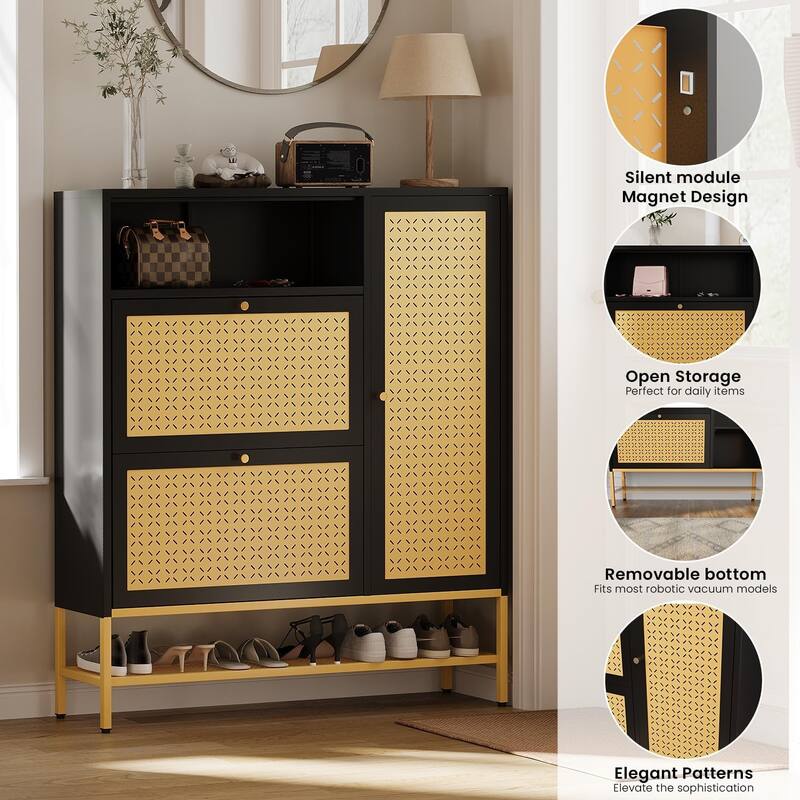 AECOJOY Shoe Storage Cabinet with 2 Flip Drawers with Door & Open Storage - 10.2"D x 43.3"W x 50"H