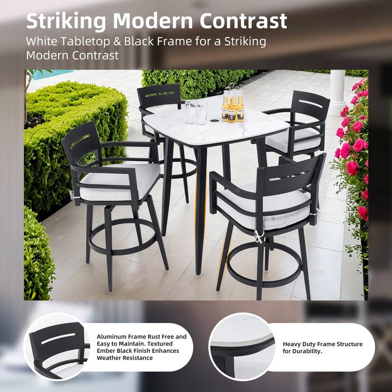 5-Piece Outdoor Patio Aluminum Bar Set with Marble-pattern Tabletop, 4 Swivel Bar Chairs, and Umbrella Hole