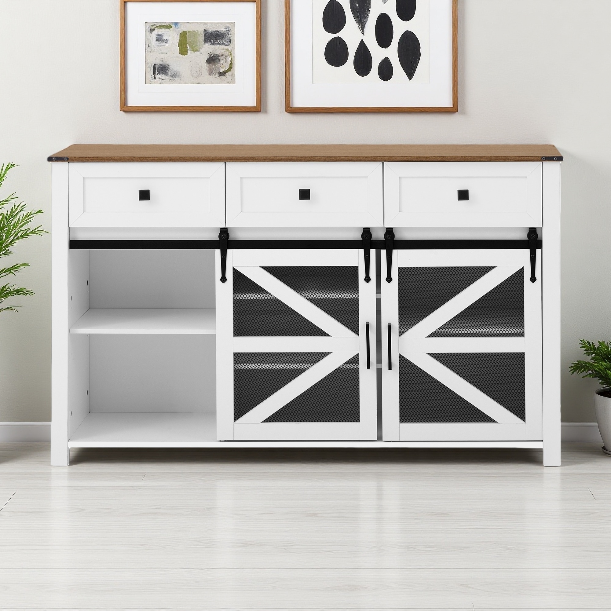 55" Particleboard Sideboard Cabinet with Sliding Barn Doors and 3 Drawers for Living Room, Dining Room, or Office