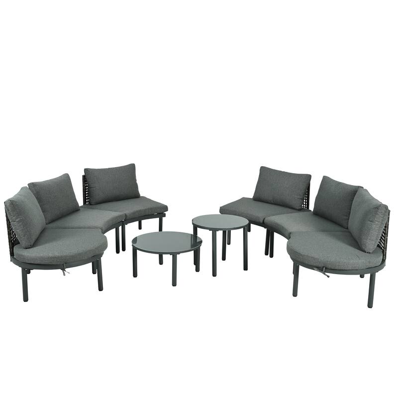8-Piece Patio Sofa Furniture Set, Half Moon Sectional Sofa with 2 High-Low Coffee Tables, 6 Pillows & Cushions