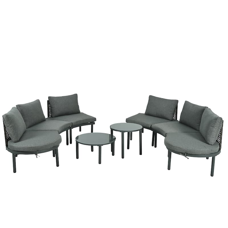 Roomfitters 6/8-Piece Half Moon Patio Sofa Set with 2 Coffee Tables, PE Wicker Rattan, Glass Top, Cushions & Pillows