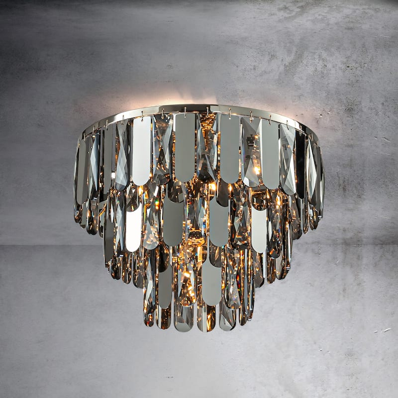 CraftHome Dimmable Smoked Crystal Flush Mount Ceiling Light Chandelier with Polished Nickel Finish and Stainless Steel Accents - W13"