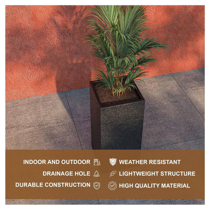 Basalt Modern Tall Square MGO Fiberstone Planter with Drainage, Weather-Resistant Indoor & Outdoor Patio Pot
