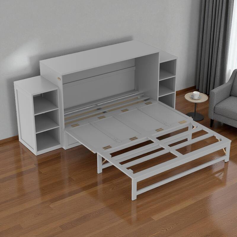 Full/Queen Size Murphy Bed with Storage Drawers and Shelves, Space-Saving Foldable Wall Bed for Guest Room
