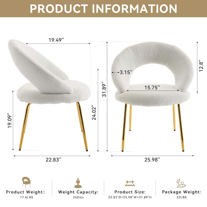 Set of 1 Teddy Fabric Dining Chairs With Curved Backrest and Golden Metal Legs for Kitchen or Dining Room