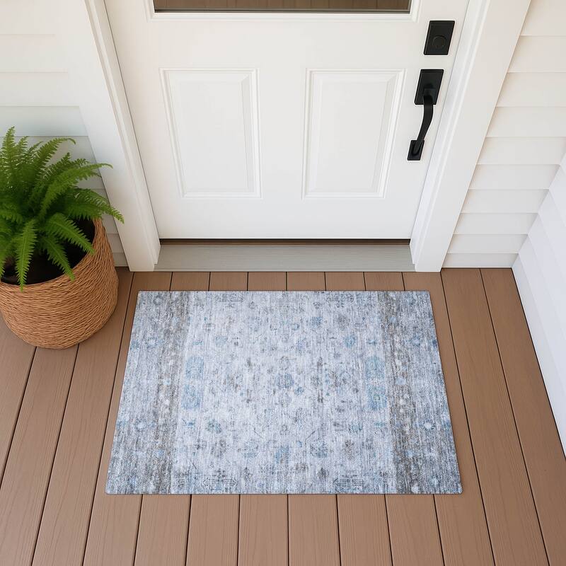 Machine Washable Indoor/ Outdoor Traditional Border Chantille Rug - Sky - 1'8" x 2'6"