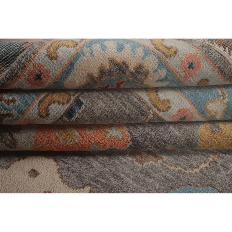 Gray Floral Oushak Area Rug Hand-Knotted Wool Carpet - 8'8"x 11'10"