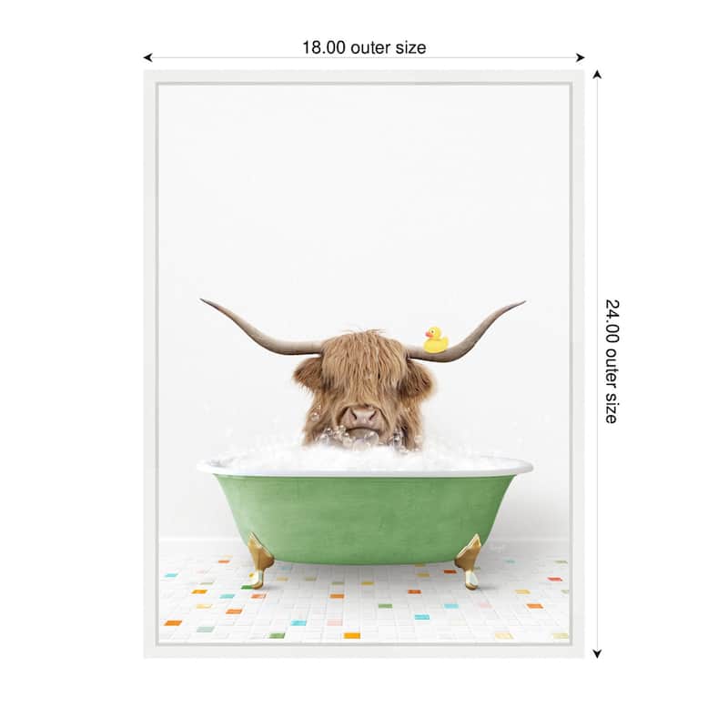 Kate and Laurel Sylvie Highland Cow in Green Bathtub on Colored Tile Framed Canvas by Amy Peterson