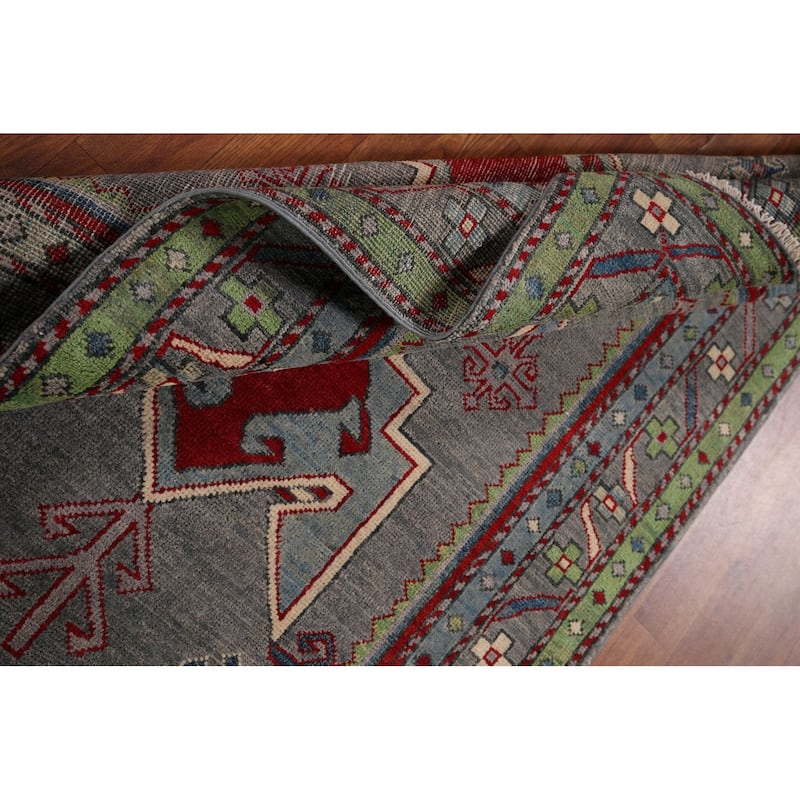 Kazak Accent Rug Hand-Knotted Grey Geometric Wool Carpet - 3'4" x 5'0"