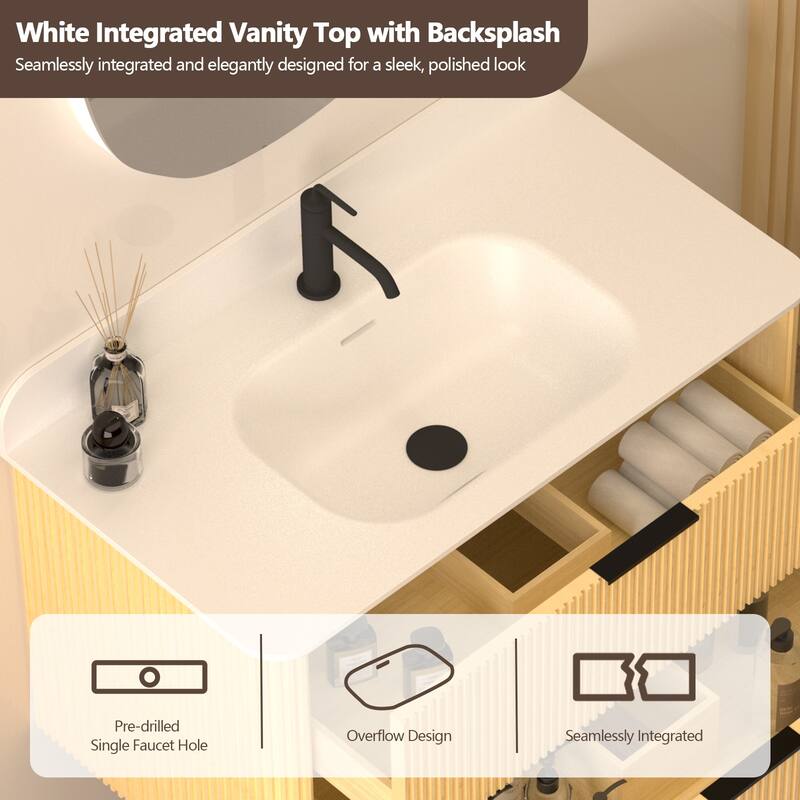 30" Floating Bathroom Vanity with Integrated countertop Rectangulare Sink Solid Wood