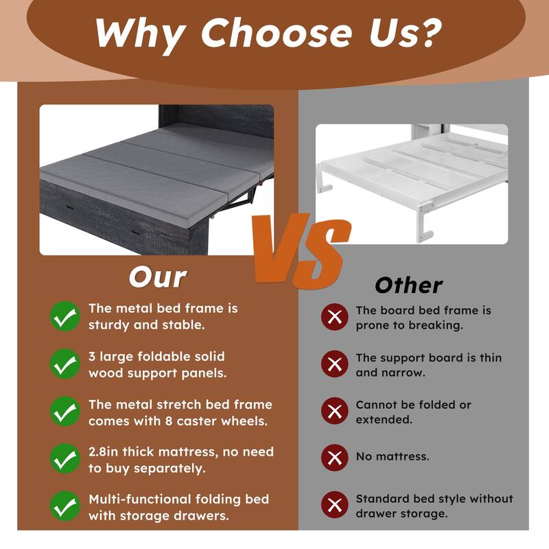 57" Murphy Bed with Storage Drawers & Charging Cabinet - Folding, Wheeled & Noise-Free for Guest Room, Living Room, Office