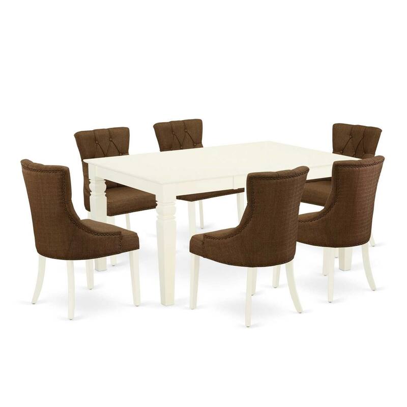 7Pc Dinette Set - Kitchen Table with Butterfly Leaf & 6 Parsons Chairs - Linen White & Dark Coffee - 60