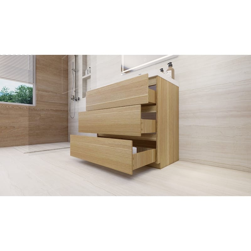 Angeles 36" freestanding bath vanity with single basin reinforced acrylic top.
